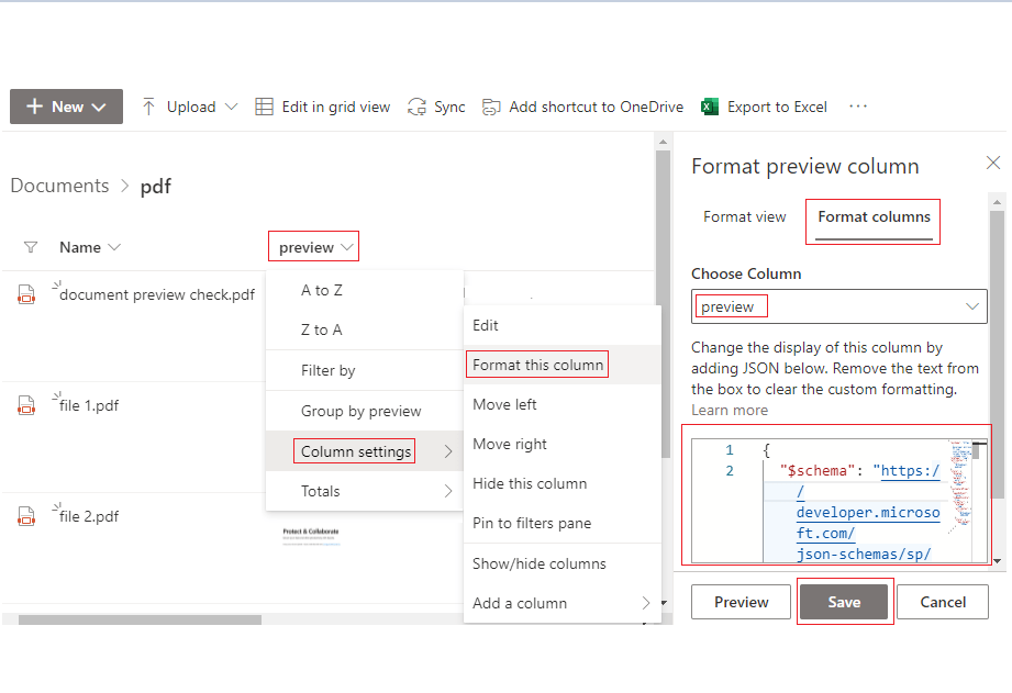 JSON column formatting to preview SharePoint Online file on mouse hover